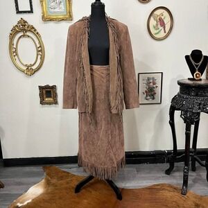 Vintage Selene Sport Faux Suede Fringe Jacket & Skirt Set